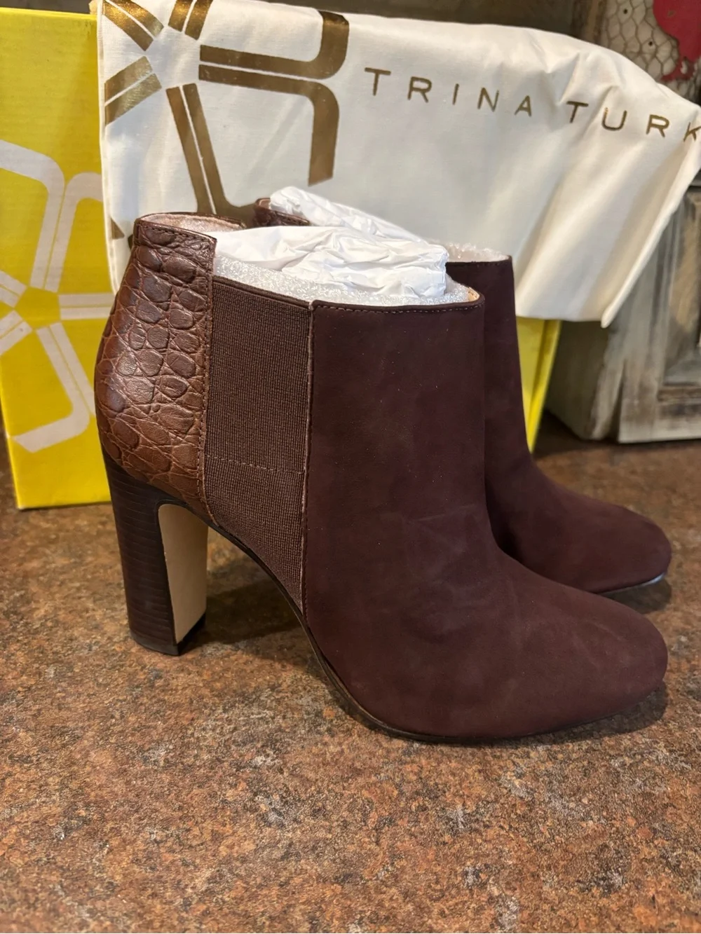 Trina Turk Brown Suede Croc-Accent Ankle Booties